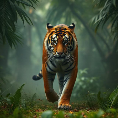 Sumatran tiger running in the jungle. Wildlife scene from nature.の素材