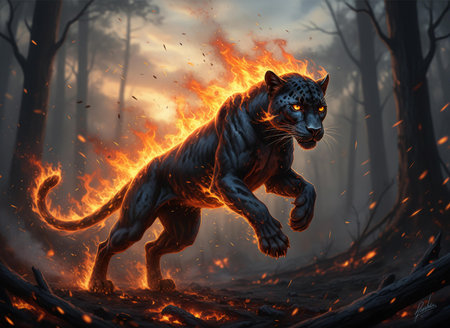 3d rendering of a big tiger running in the forest with fireの素材