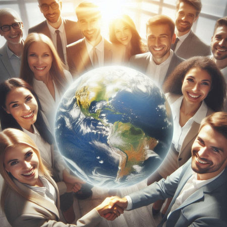 business, people and ecology concept - group of smiling businesspeople shaking hands over globe in officeの素材