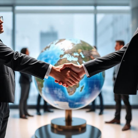 business, partnership and people concept - close up of businesspeople shaking hands over globe in officeの素材