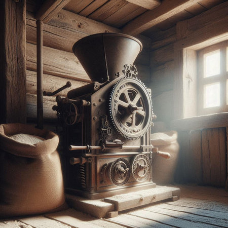 Vintage coffee grinder in a rustic wooden house, filtered imageの素材