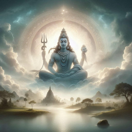 Buddha statue in lotus position on a background of the skyの素材