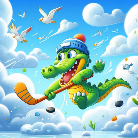 cartoon happy crocodile playing ice hockey in the blue sky illustration for childrenの素材