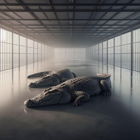 3d rendering of crocodile in a room with big windows.の素材
