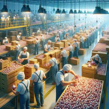 3d rendering of a group of workers in a factory with fresh vegetablesの素材