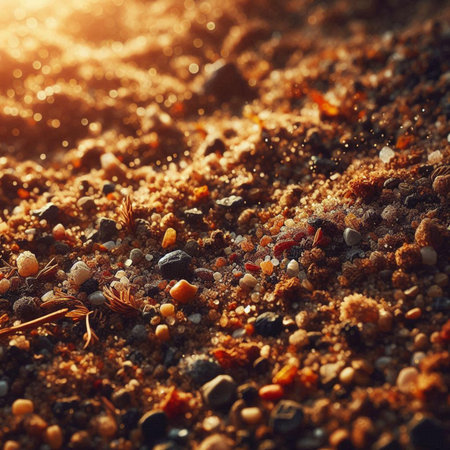 Close-up of sand with sunbeams. Shallow depth of fieldの素材