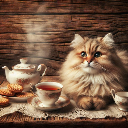 Persian cat with cup of tea and cookies on old wooden backgroundの素材
