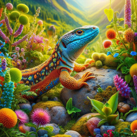 Lizard on a rock in the meadow. 3d renderの素材