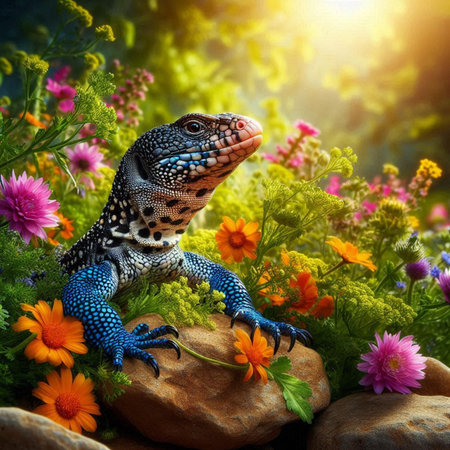 lizard in the garden on a stone with flowers and sun raysの素材