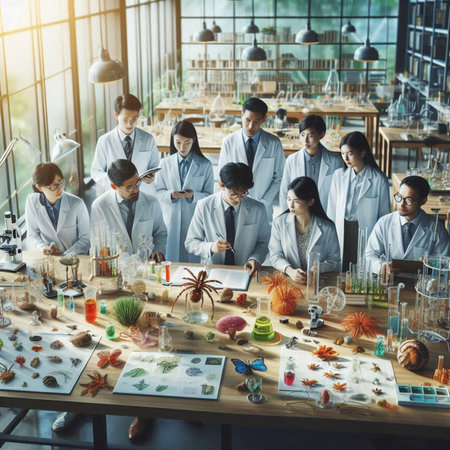 Group of science students working in laboratory.Science, chemistry, biology, medicine and people concept.の素材