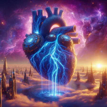 Human heart in futuristic landscape. 3D rendering. Computer digital drawing.の素材