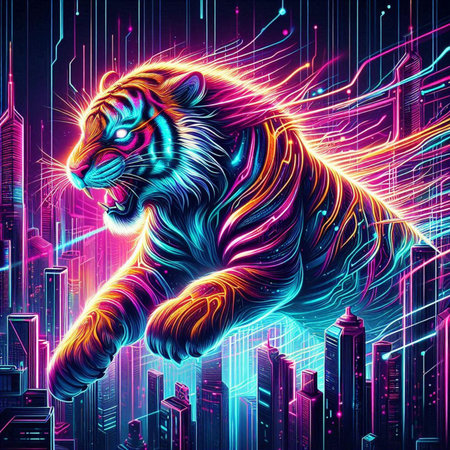 Futuristic abstract background with a tiger on a dark background.の素材