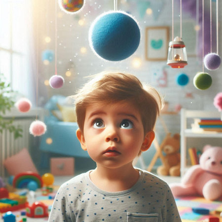 Portrait of a cute little boy playing with toys in the roomの素材