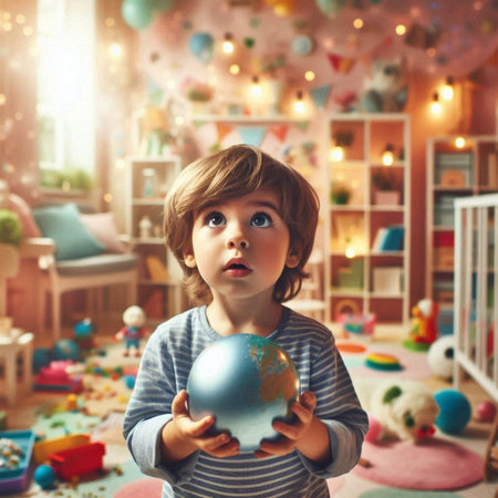Cute little boy playing with a toy globe in a children's roomの素材