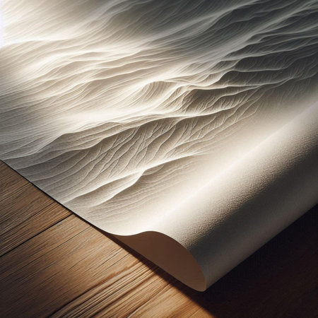Close up of a rolled paper on a wooden table with sunlight.の素材