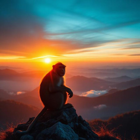 Monkey sitting on a rock and watching the sunrise in the mountainsの素材