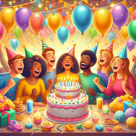 Group of friends celebrating birthday party with cake, balloons and confetti.の素材