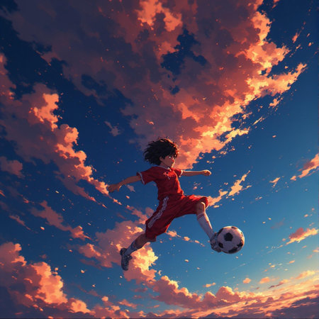 Soccer player in action at sunset sky background. 3d renderingの素材