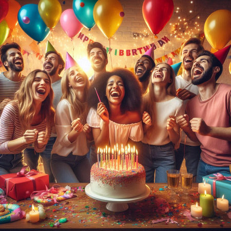 Group of happy friends celebrating birthday and blowing out candles on cake.の素材