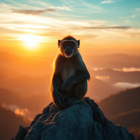 Monkey sitting on a rock and looking at the sunrise in the mountainsの素材