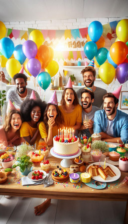 Group of multiethnic friends celebrating birthday party with cake and balloonsの素材