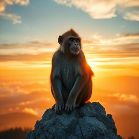 Monkey sitting on a rock at sunset in the mountains. Beautiful nature backgroundの素材
