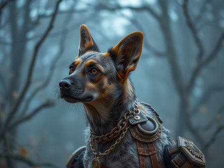 Portrait of a dog on a background of foggy forest.の素材