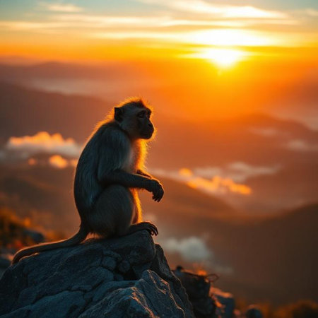 Monkey sitting on a rock and looking at the sunset in the mountainsの素材