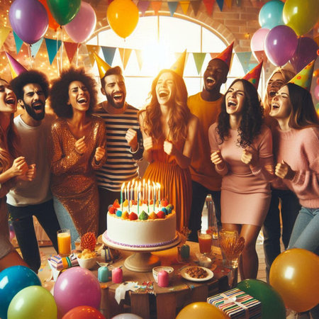 Group of friends celebrating birthday and blowing out candles on a cake.の素材
