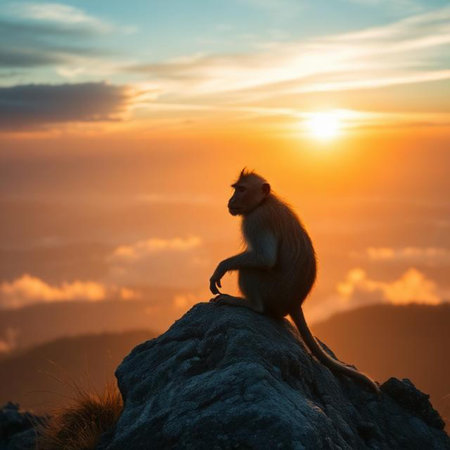Monkey sitting on a rock and looking at the sunrise in the mountainsの素材