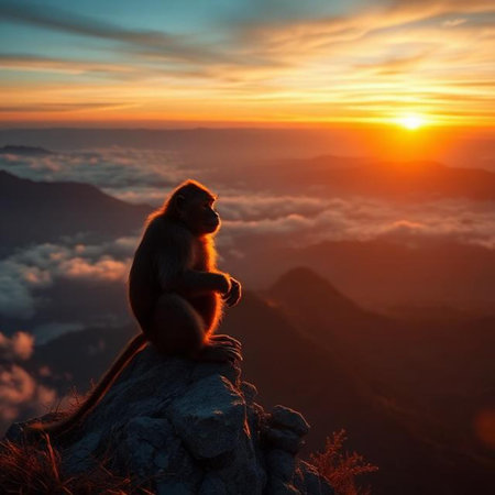 Monkey sitting on a rock and looking at the sunrise in the mountainsの素材