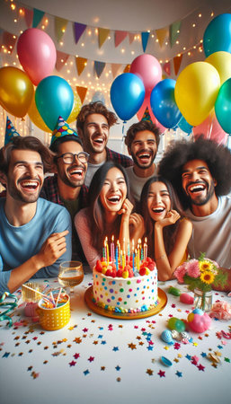 Group of happy friends celebrating birthday with cake, balloons and confetti.の素材