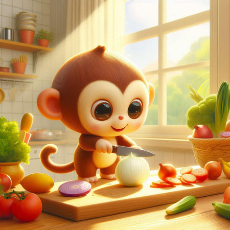Cute little monkey with vegetables in the kitchen. Healthy food concept.の素材