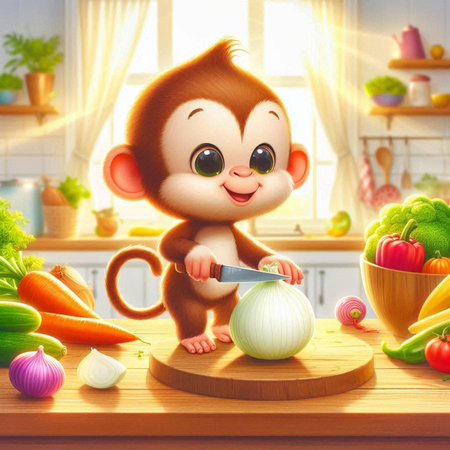 Cute monkey with vegetables in the kitchen.3d illustration.の素材