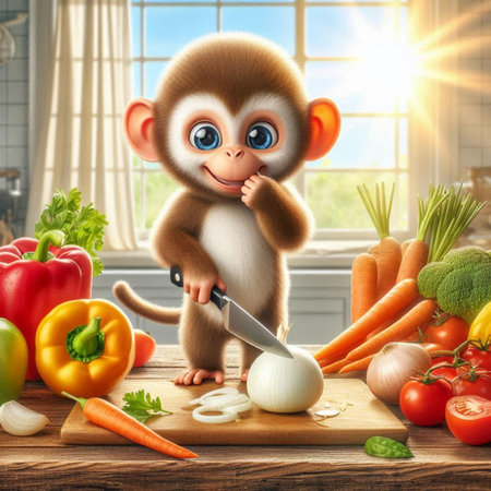 funny monkey with knife and vegetables in the kitchen. 3d illustrationの素材