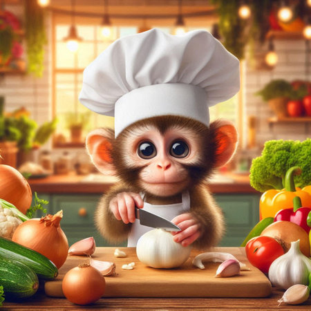 Cute monkey cook with vegetables in the kitchen. Food background.の素材