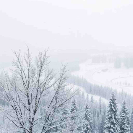 Winter landscape with snow covered trees and foggy sky. Winter background.の素材