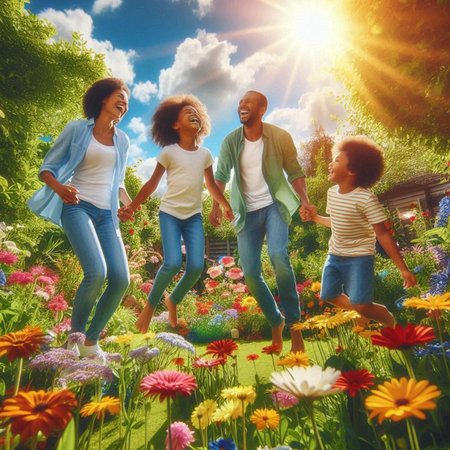 happy african american family walking in flower garden on summer dayの素材