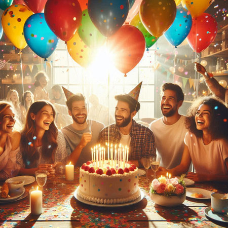 Group of friends celebrating birthday party with cake, balloons and confettiの素材