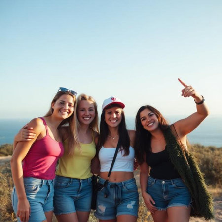 Group of friends standing in a row and pointing at something on the beachの素材