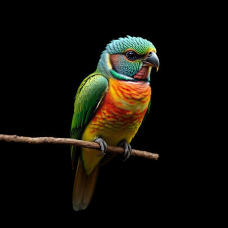 Colorful parrot on a branch isolated on a black background.の素材