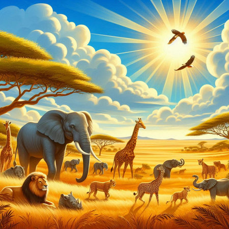 African savannah with wild animals - giraffe, leopard, elephant, lion, giraffe, zebra, giraffe, cheetahの素材