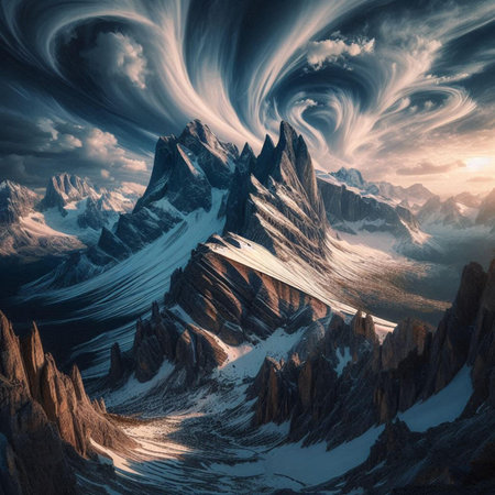 Fantasy landscape with mountains in the clouds. 3D illustration.の素材