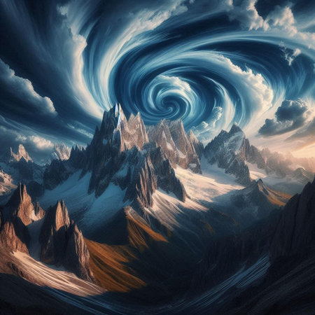 Fantasy landscape with mountains in the clouds. Computer-generated image.の素材