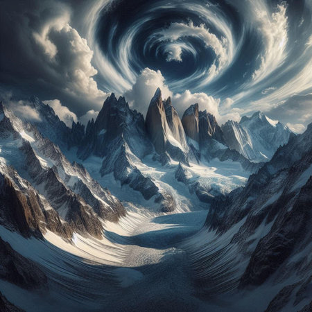 Fantasy landscape with snow-capped mountains. 3d illustrationの素材