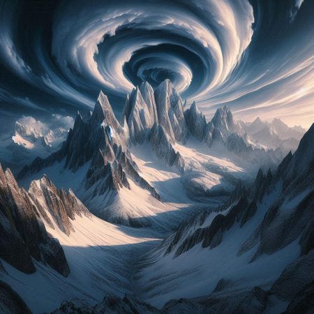 Fantasy landscape with mountains and clouds. 3D surreal illustration.の素材