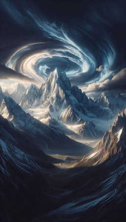 Fantasy landscape with mountains and clouds, 3d render, computer digital illustrationの素材