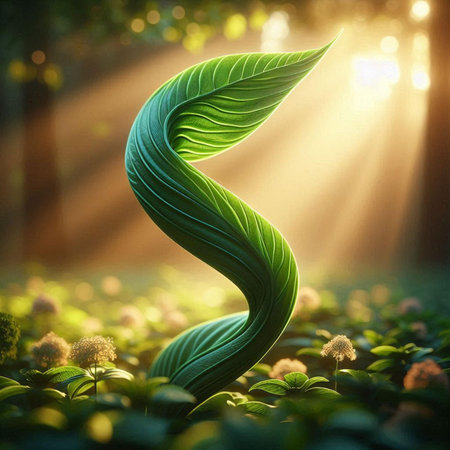 Green leaf in the forest at sunset with rays of light. 3d renderingの素材