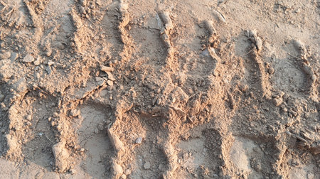 Wheel tracks on the soil, close-up of tire tracks on the soil