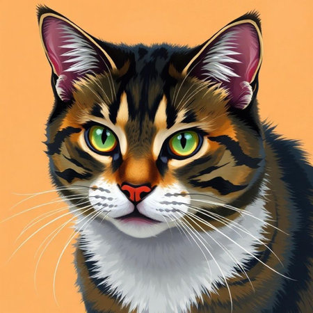 Cat portrait on orange background. Vector illustration of a cat with green eyes.の素材